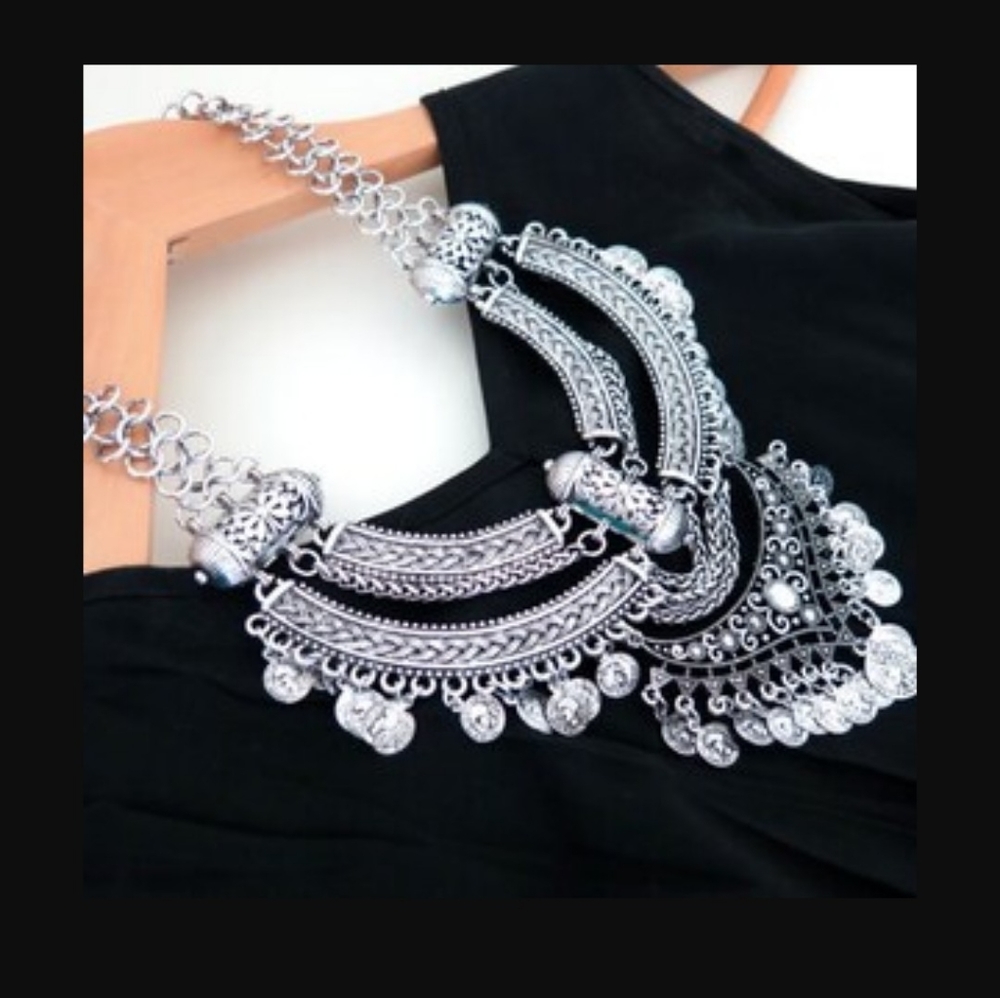 Big silver chunky coin statement necklace